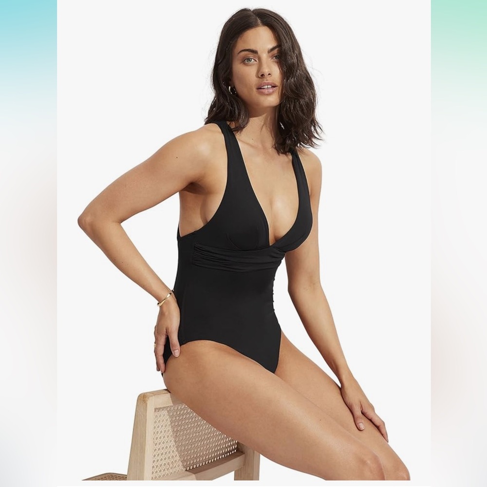 Seafolly Women's Deep V Wide Strap One Piece Swimsuit Elegant Black Women's Swim